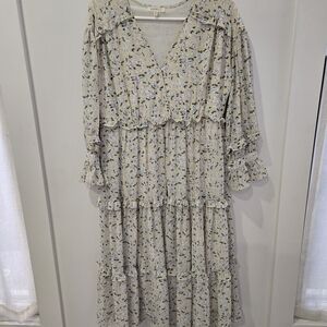 Floral Tiered Midi Dress in Light Beige by Unknown